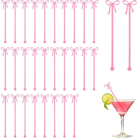 30 Pack Coquette Acrylic Bow Drink Stirrers, Pink Swizzle Sticks for Cocktail Coffee Reble Stirrers for Bachelorette Wedding Bridal Shower Party