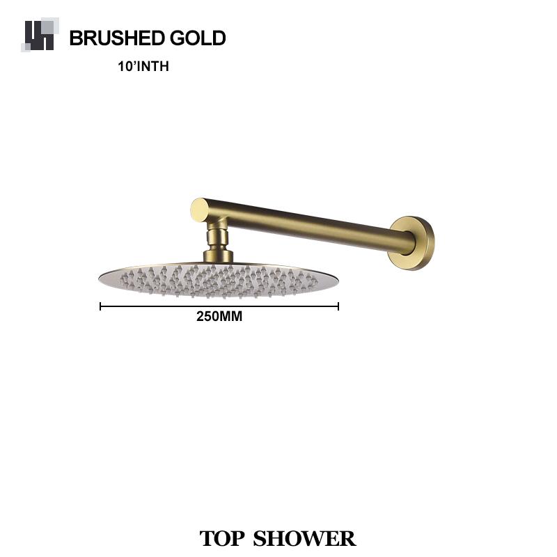 High Quality Brushed Gold 10 Inch Stainless Steel Rainfall Shower Head Bathroom Square Round Showerhead Arm Accessory G1/2