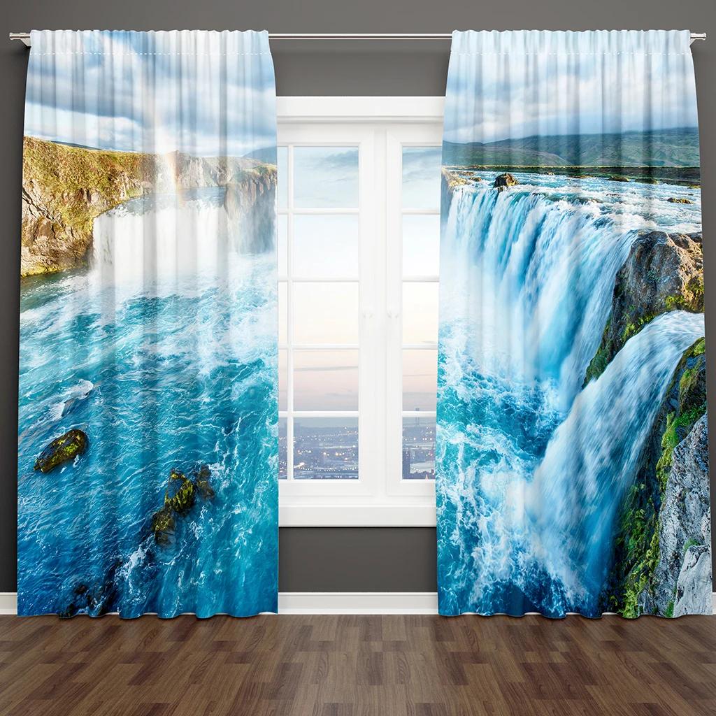 3D Print Blue Beach Sea and Natural Forest Drapes Window Curtain Bedroom Decorative Curtain 2 Panel for Living Room