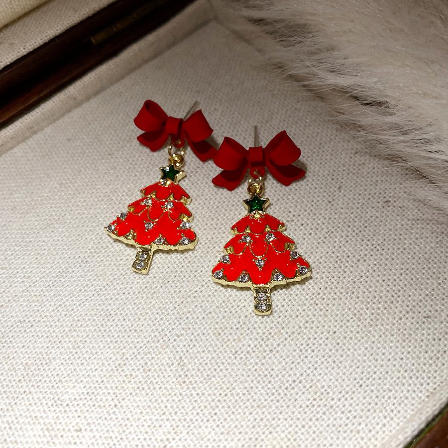 

Diamond-Set Silver Enamel Bow Christmas Tree Earrings - Versatile, Fashionable Studs