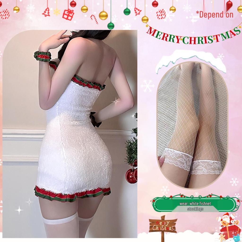 Golden Night White Christmas Cutout Hip-Wrap Dress - Pure Desire Maid Role Play