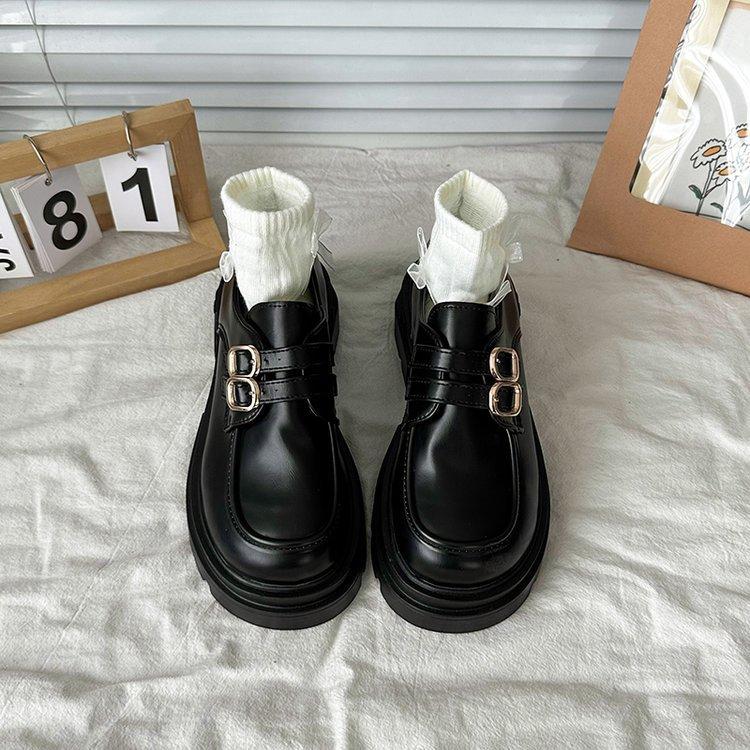 Chunky Heeled Small Leather Shoes Female Fall Black Casual Wild One Foot Stirrups Le Fu Shoes