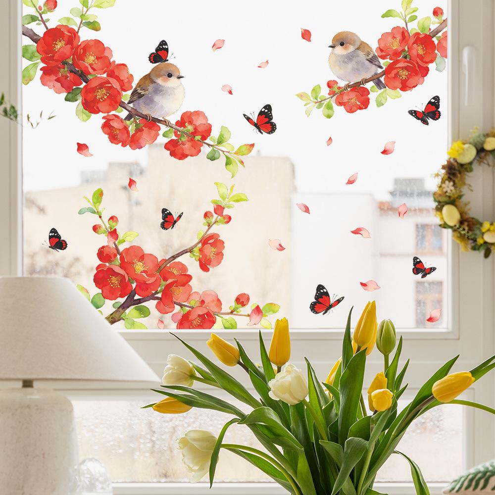 Painted Flowers, Branches, Birds, Butterflies, Home Balcony, Glass Windows, Beautification Decoration, Window Stickers