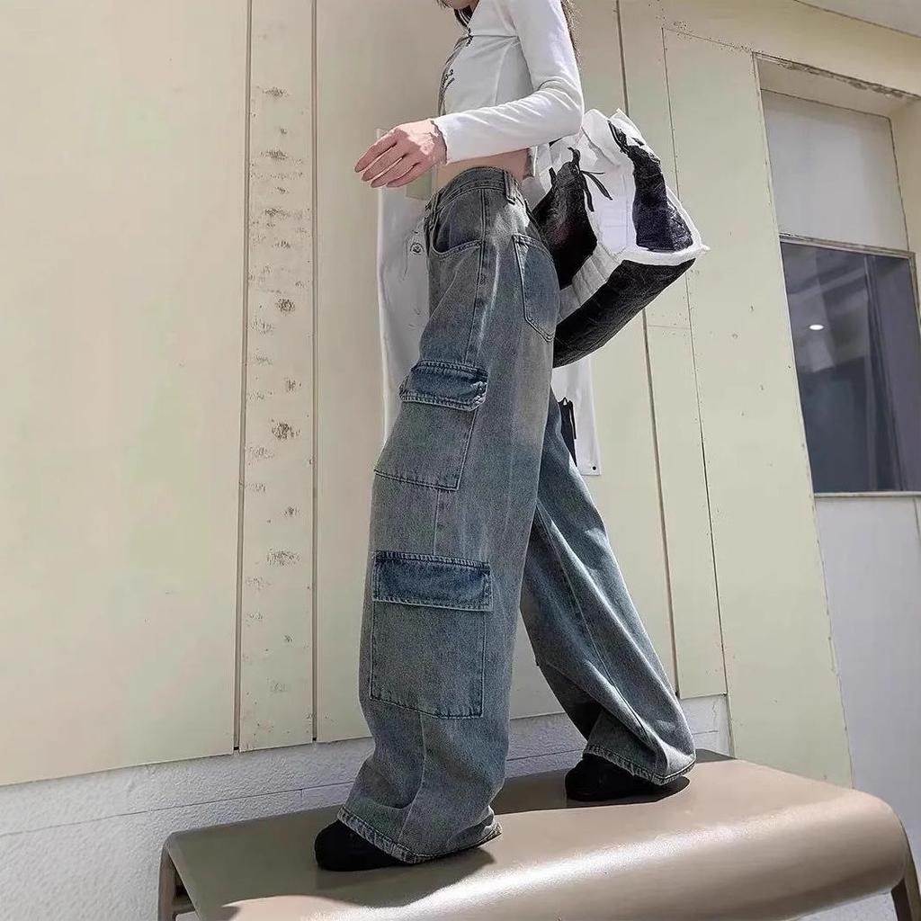 Women's High Waist Distressed Boyfriend Cargo Jeans - Loose, Slimming, Straight Leg, Floor-Length.