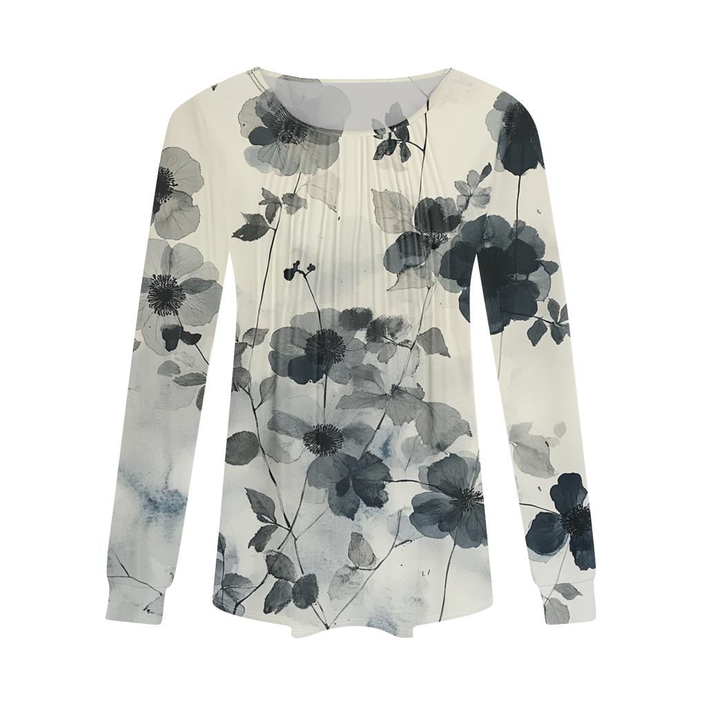 Damenmode Lässig Plissiert Rundhals Vintage Blumendruck Langarm T-Shirt Top