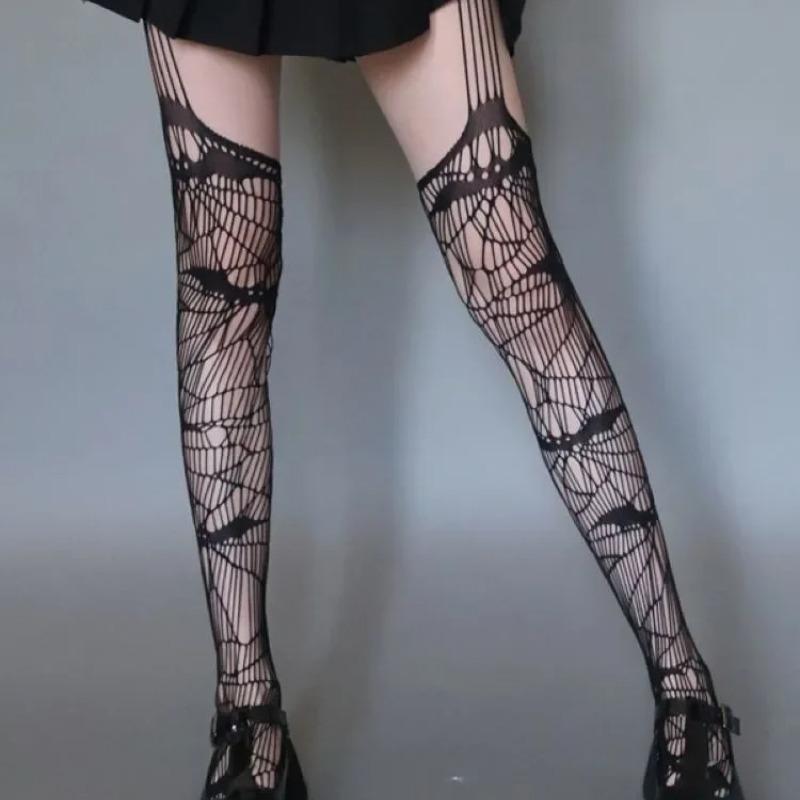 Gothic Fledermaus Muster Lange Sexy Netzstrümpfe Punk Frauen Harajuku Alternative Mesh Strumpfhosen Oberschenkel Hohe Strumpfwaren Halloween