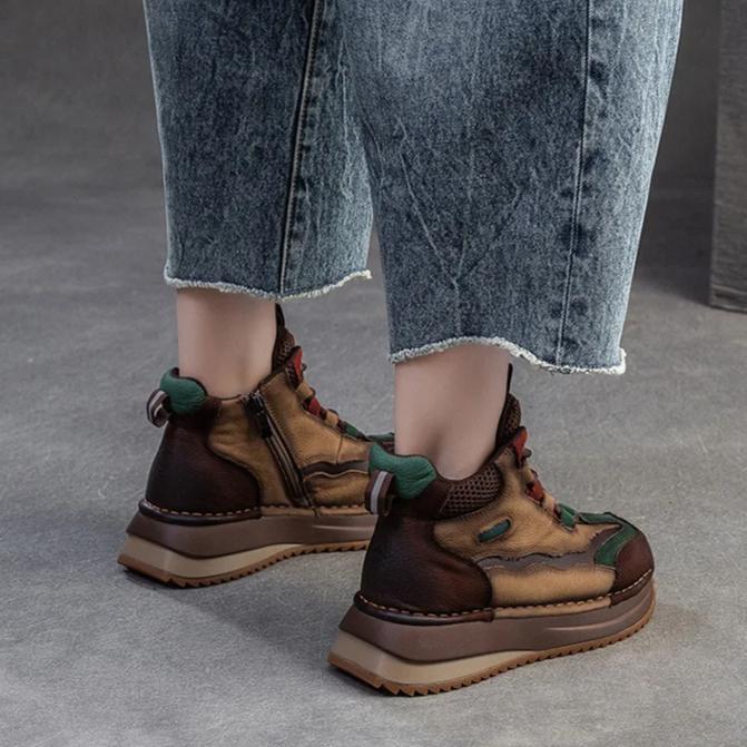 Johnature Gemischte Farben Retro Dicke Sohlen Schnürstiefel Kurze Stiefel Echtes Leder Lässige Pendler Damenschuhe