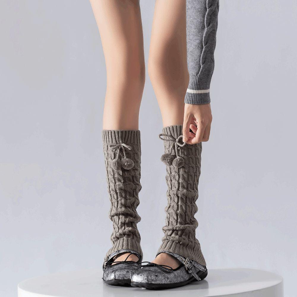 Lace Up Leg Warmer Women Plush Balls Lolita Bowknot Leg Warmer Knitted Leg Covers Spicy Girls