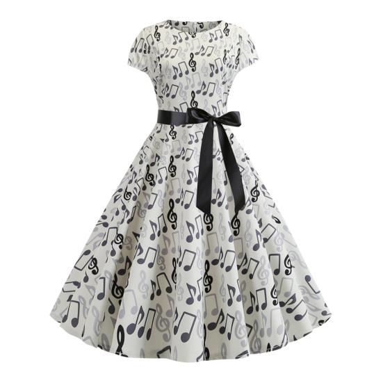 Rochie pentru femei, cu muzică, cu imprimeu, gât rotund, fundă, cu centură, talie strânsă, linie A, tiv mare, mâneci scurte, colorate, închidere cu fermoar în spate, rochie midi pentru doamnă