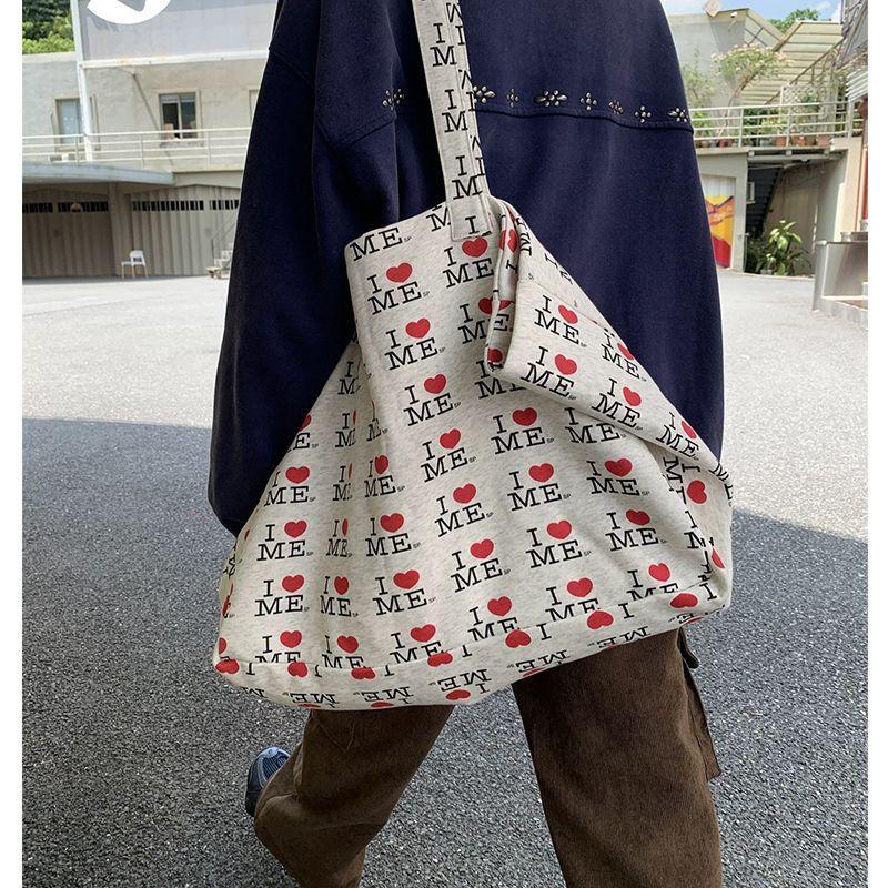 

Korean Letter Heart Print Tote Bag Women Large Capacity Canvas Shoulder Bag Ladies Lightweight Versatile Everyday Casual Handbag