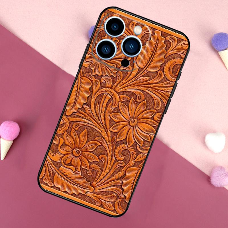 Brown Tooled Leather Pattern Case For iPhone 16e 16 15 Pro Max 11 12 13 Mini 14 15 Pro Max 15 Plus XR Phone Back Cover