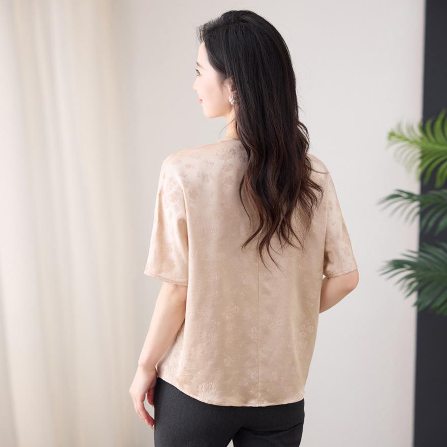 Light Silk Short-sleeved T-shirt Women's  New Crew Neck Shirt Loose Mulberry Silk Top