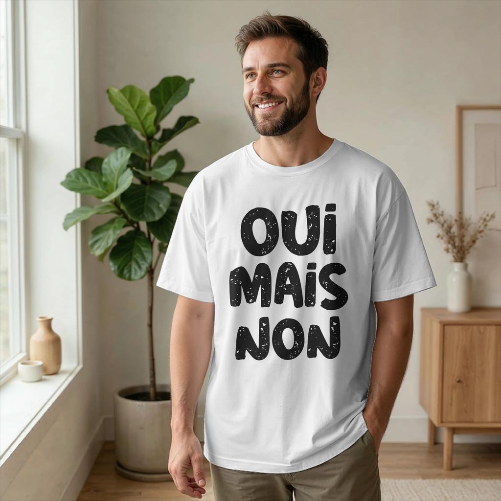 Men's T-Shirt Yes but No in French Saying France Vintage Cotton Tees Short Sleeve Oui mais non