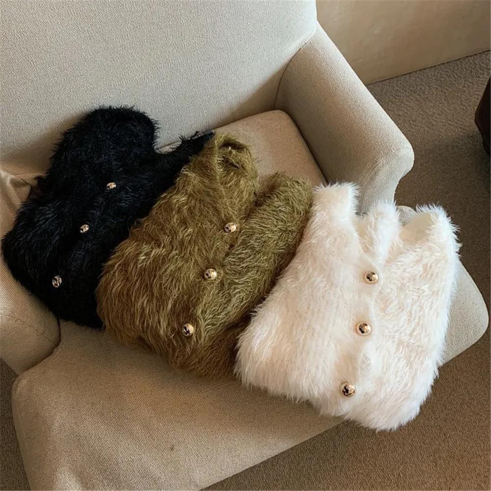 Y2k Vintage Fashion Streetwear Korean Knitwear Solid Slim Jumpers Cropped Mohair Knitted Cardigan Women V-Neck Sweater Coat