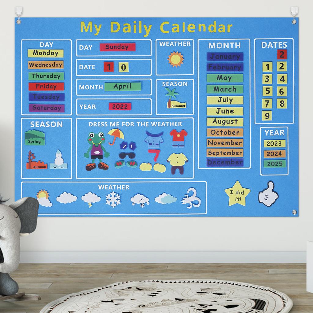 My First Daily Calendar Felt-Board for Toddlers 100x70cm Today Calendar Chart Hanging Board for Wall Date Weather Season Month
