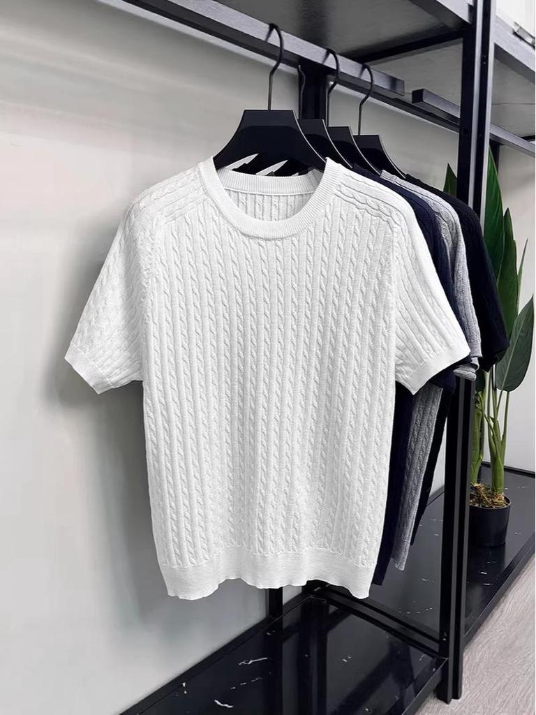 Men's Casual Loose Fit Round Neck Short Sleeve Knit T-shirt - Spring/Summer Solid Color Pullover