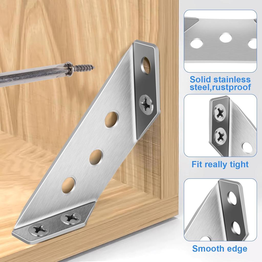 Stainless Steel Corner Braces, Furniture Corner Connectors with Screws,Triangle Shelf Support Brackets for Wood Cabinet Desk Bed