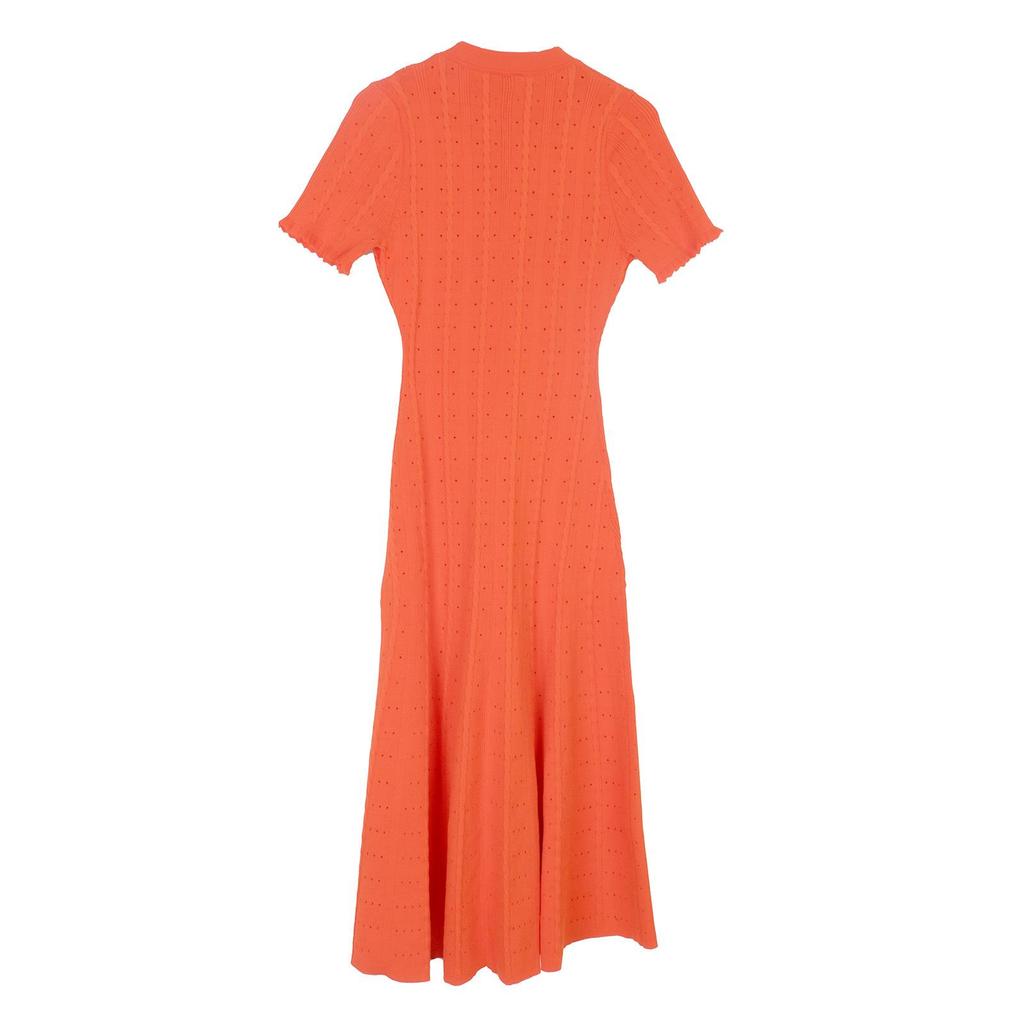 Elegant French Knit Short-Sleeve Hollow-Out Long Dress - Waist-Slimming and Single-Breasted Design