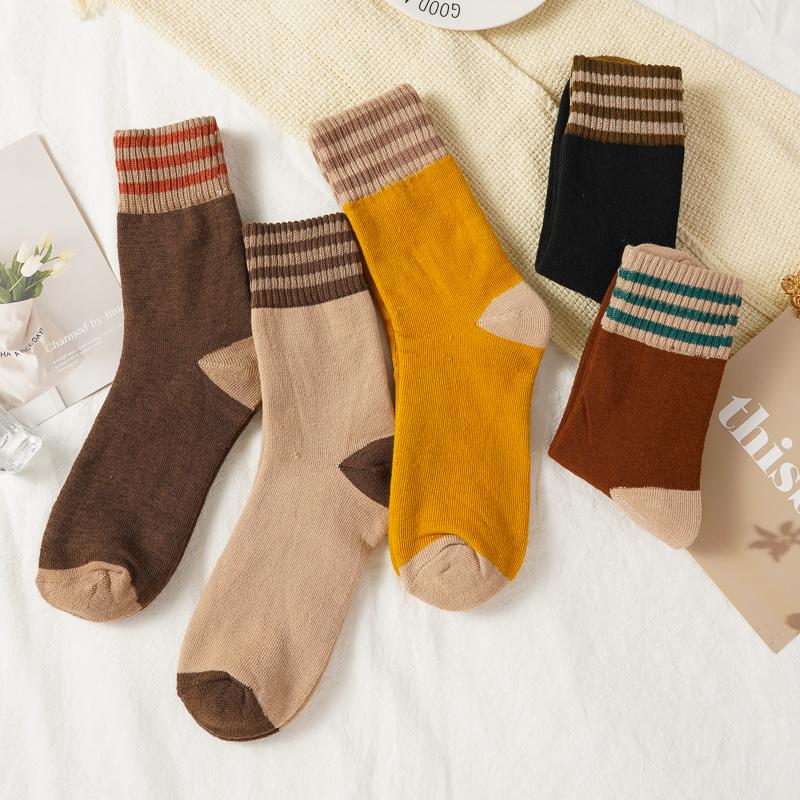 5 Pairs Women's Autumn Winter Thicken Mid-tube Socks Striped Warm Comfortable Socks Floor Socks
