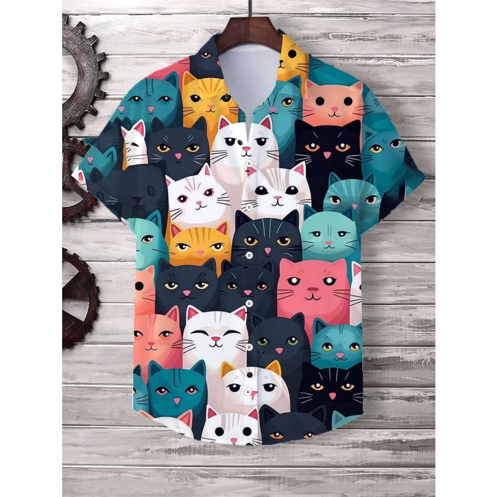 

Рубашка Hawaii с милым мультяшным котом, топы с 3D-принтом, повседневные женские рубашки с короткими рукавами, с пуговицами, отворотами, свободные, унисекс, одежда 5XL