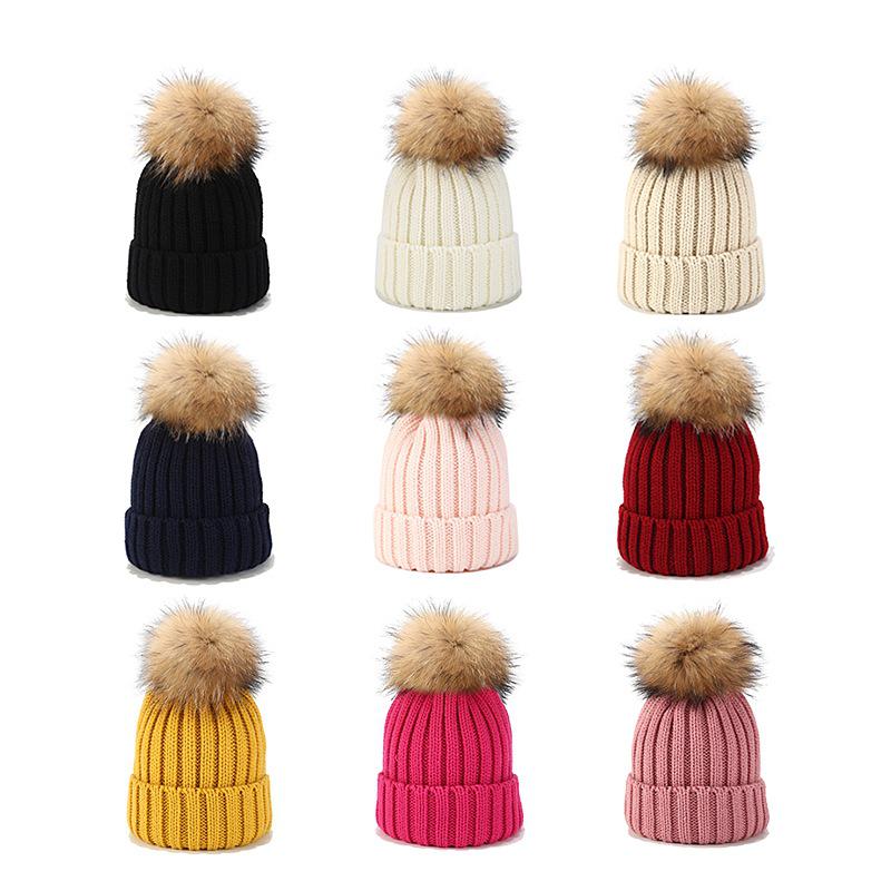 

Unisex Autumn/Winter Knitted Hat with Genuine Raccoon Fur Pompom - Warm, Versatile Parent-Child Headwear Adult (56-60cm)