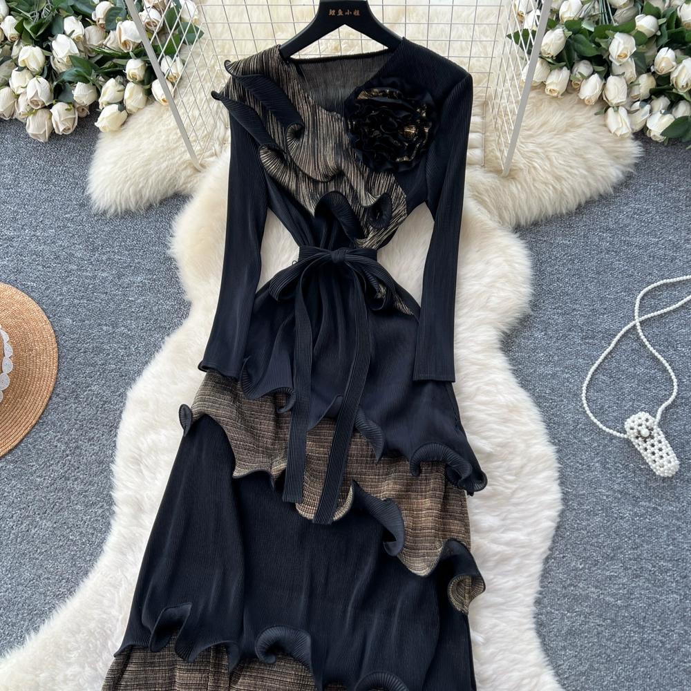 Autumn Winter Women Elegant 3D Flower Ruffles Miyake Fold Christmas Party Oversized Loose Lace-up Dresses
