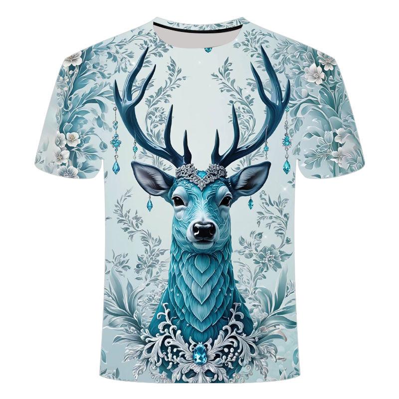 Summer Elk 3D Pattern Short Sleeve T-shirt Loose Summer Trendy Fashion Men's and Women's Round Neck T-shirt