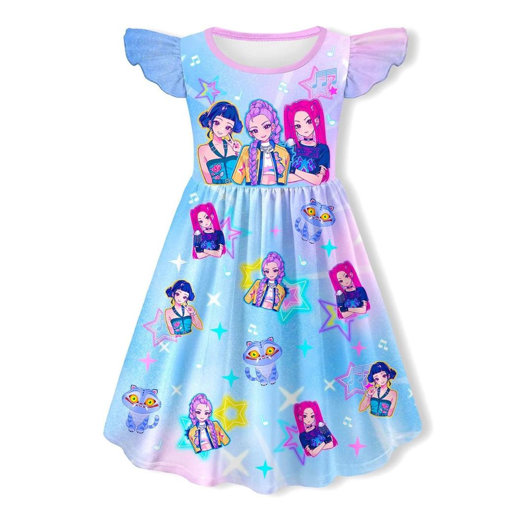 Kpop Hexenjagd Gruppe Peripherie Modisches Muster Kleid Mädchen Flatterärmel Süßes Prinzessinnenkleid Bequemes Kleid
