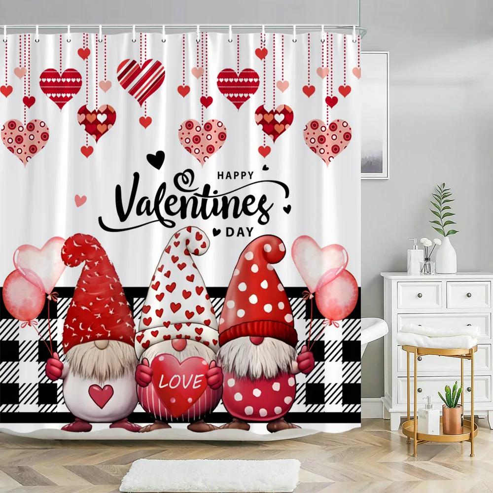 Valentine's Day Shower Curtain Love Tree with Elf Truck Romantic Pink Swing Balloon Love Polyester Printed Fabric Bathroom Decor