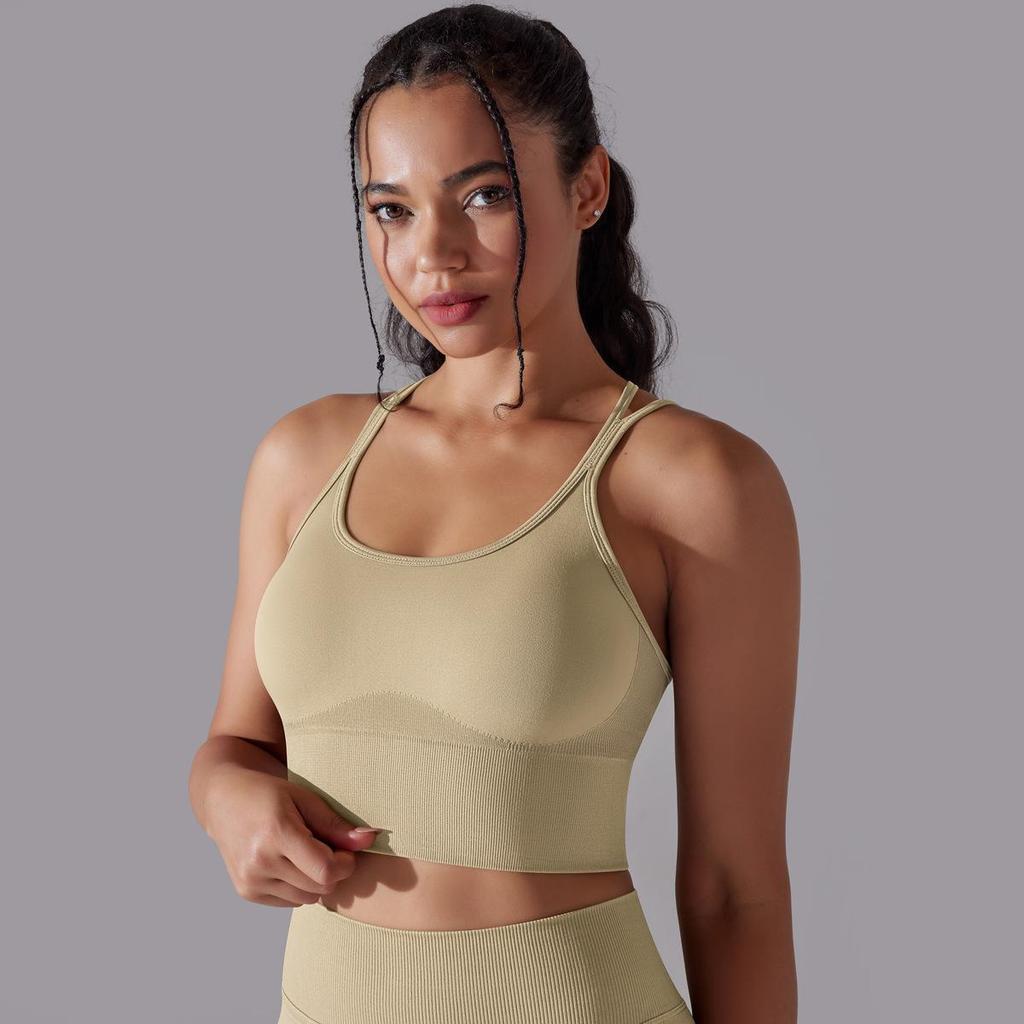 Solid Color Cross Back Sports Bra, Tight Fitting, Shock-absorbing, Gathering, High-strength Vest, Yoga And Fitness Bra For Women