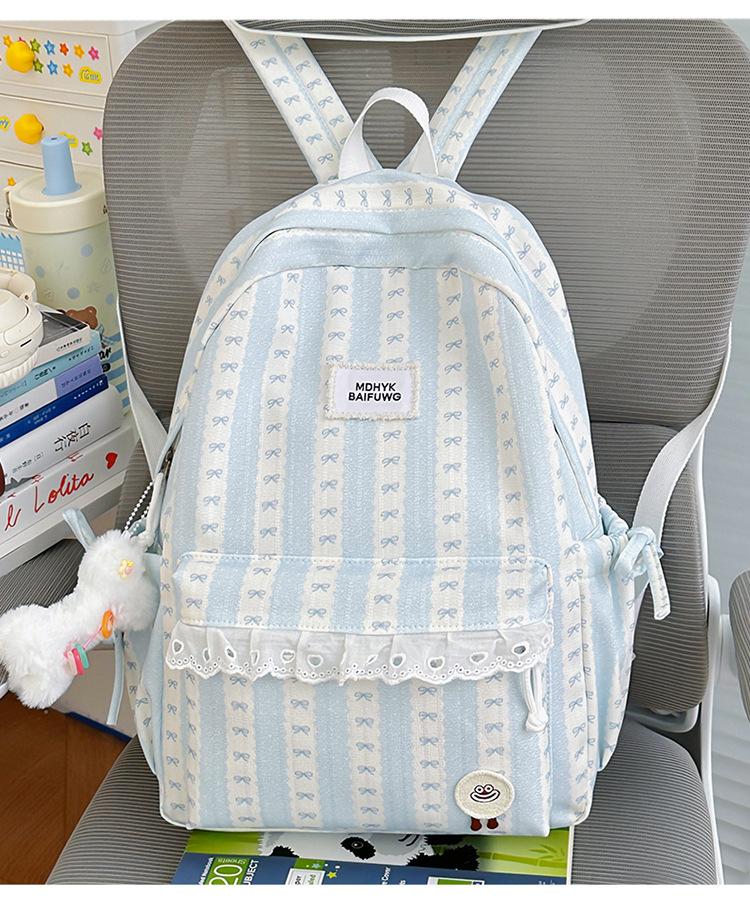 Schoolbag Summer Fresh Peach Light Pink Striped Bow Schoolbag Milk Huhu Sweet Girl Heart Girlfriend Travel Backpack