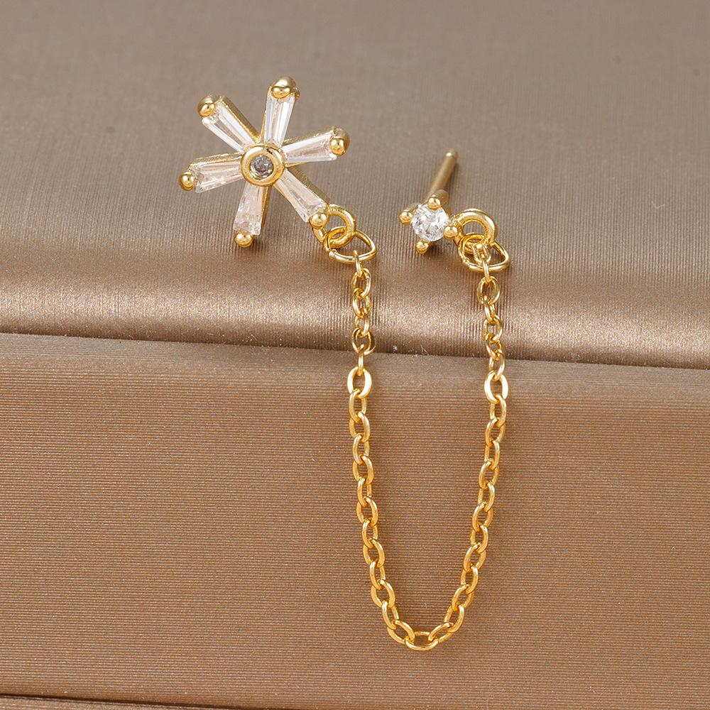 Sterling Needle Geometric Flower Chain Tassel Single Rhinestone Ear Studs Hanging Earrings Europe and America Cross Border Light