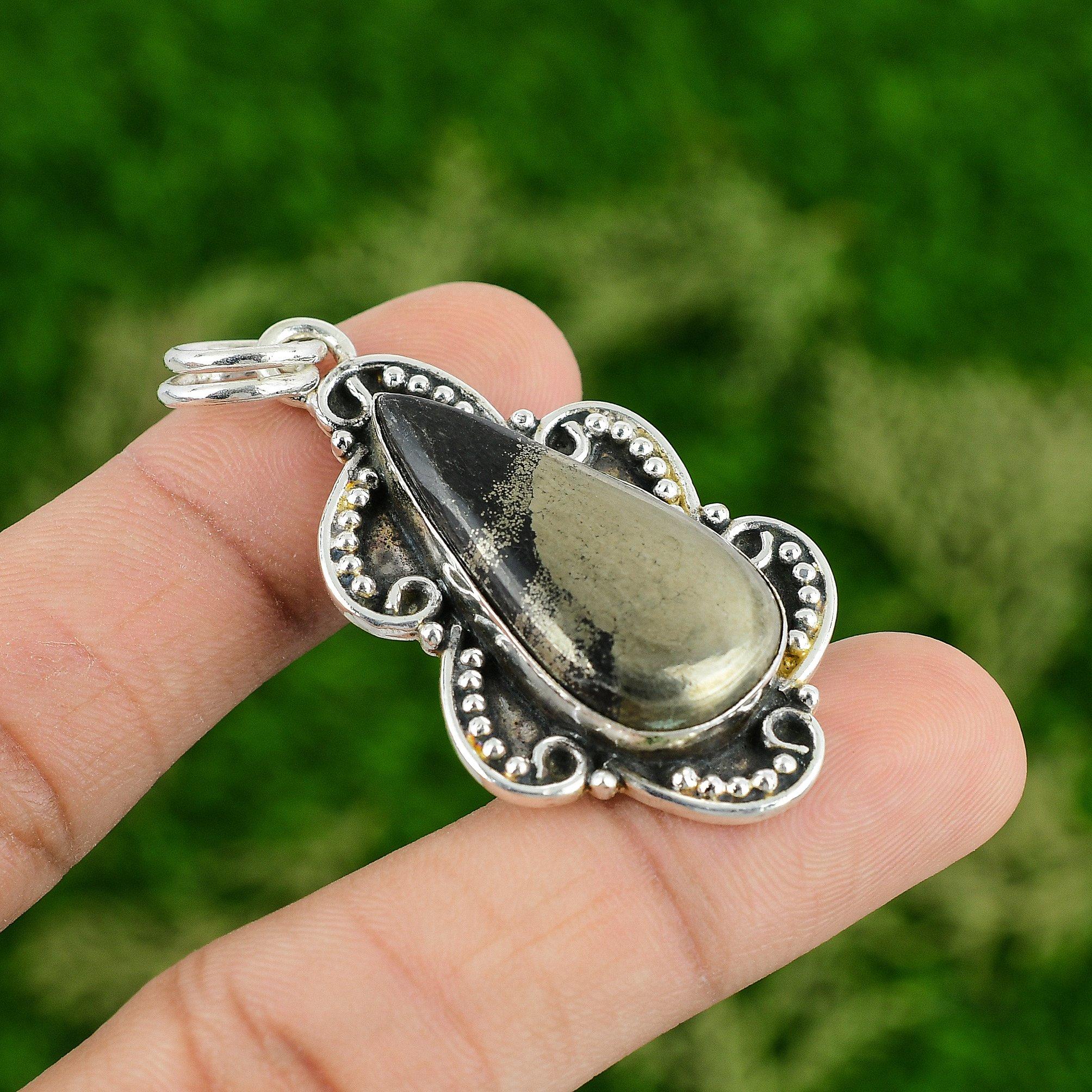 

Daughters Day Deal Sterling Silver Pear Pyrite Stone Sister Trendy Bezel Pendant