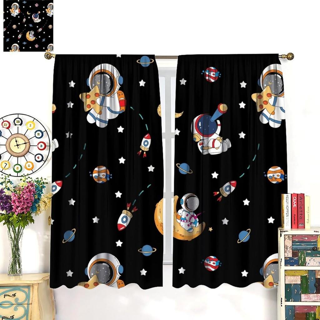 Outer Space Curtains Cartoon Astronaut Rocket Planets Stars Spaceman Universe Galaxy Print Window Kids Boys Made Of Polyester