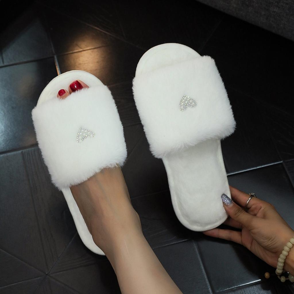 One word fluffy love fashion open toe comfortable autumn and winter wear raw cute cotton slippers