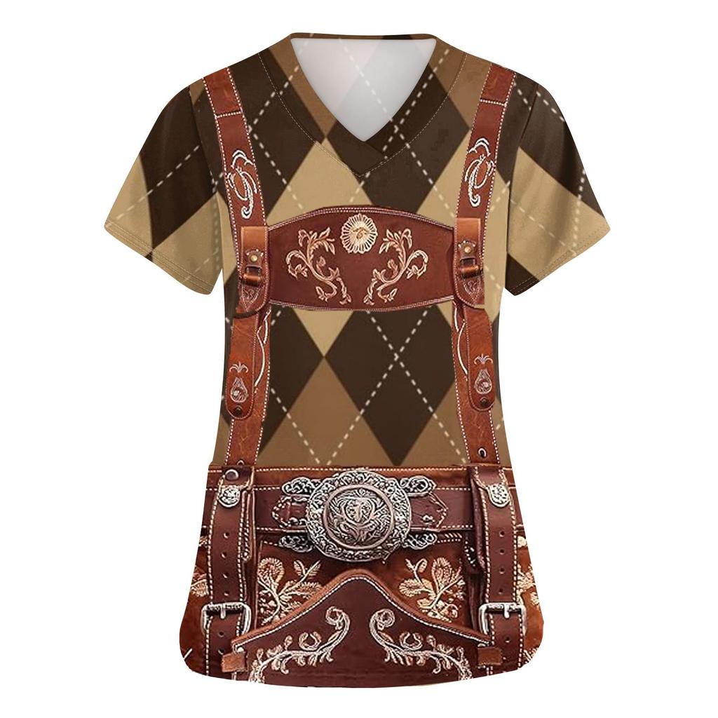 Women's V Neck Short Sleeve Work Shirt with Pocket Oktoberfest Print Top for Caregivers and Service Staff Comfortable Fit