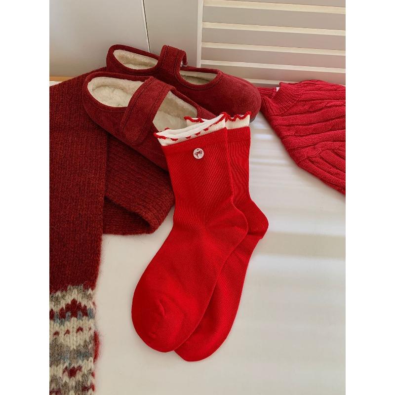 Good Luck In The New Year with Red Dui Dui Socks, Fabric Label, Button Accessories, Women's Pure Cotton Double Lace, Bow