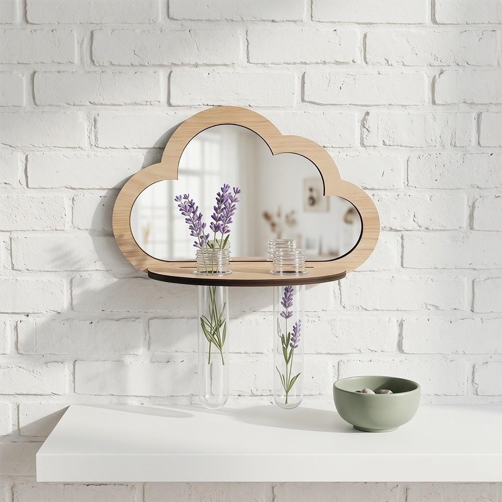 Mirror Wall Flower Vase Mushroom House Flower Stand Wood Wall Mount Flower Shelf Home Room Decor