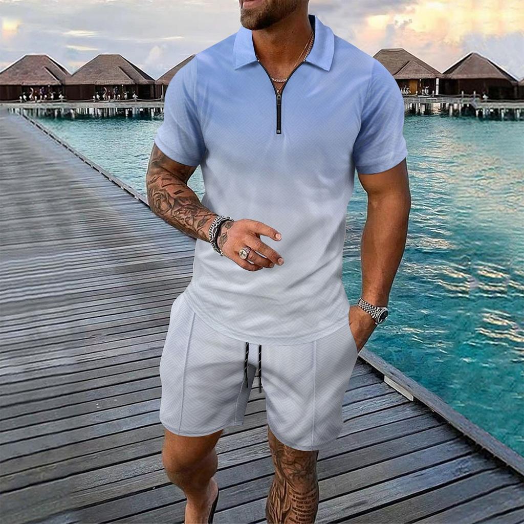 Men's Summer Printed Zipper Lapel Short Sleeve Top Shorts Suit Men's Casual Sports Suit