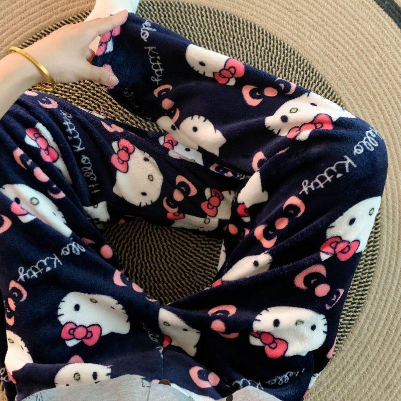Korean Style Women's Fleece Pajama Pants - Flannel Cartoon Design for Autumn and Winter