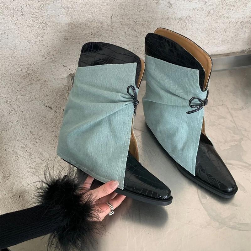 Fashion 2025 New Style Women's Cowboy Boots Pointed Toe Thick Heel Female Short Boots Large Size Bow Trouser Boots for Women
