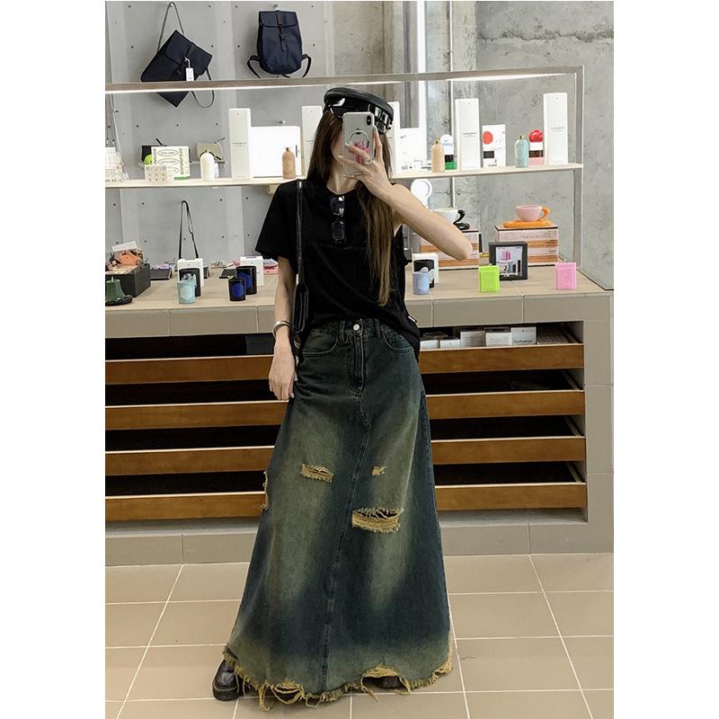 

Plus Size High Waist Distressed A-Line Denim Midi Skirt for Autumn 2XL