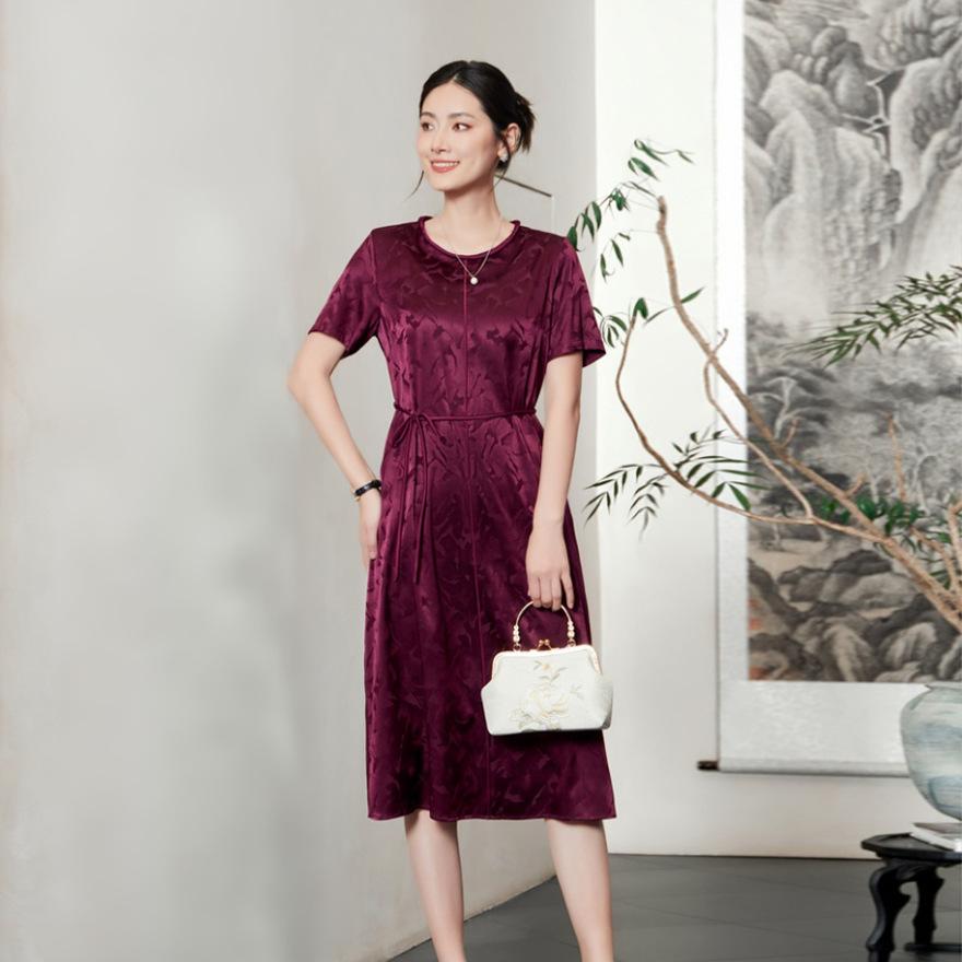 

Silk jacquard dress women s summer new temperament small mulberry silk short sleeve medium length M бордовий