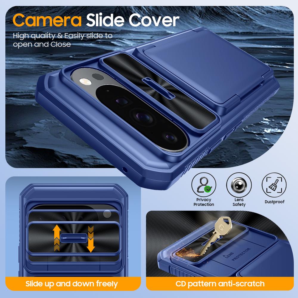 Mit Kartenhalter, Schiebbarer Kameraabdeckung und Ständer für Google Pixel 10 Pro XL Handyhülle, Anti-Fall PC+TPU Wallet Case - Blau