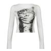 Harajuku Mosaic Cat Print Oříznutý Top Ležérní Základní Trička s dlouhým rukávem Crew Neck Přiléhavá trička Y2K