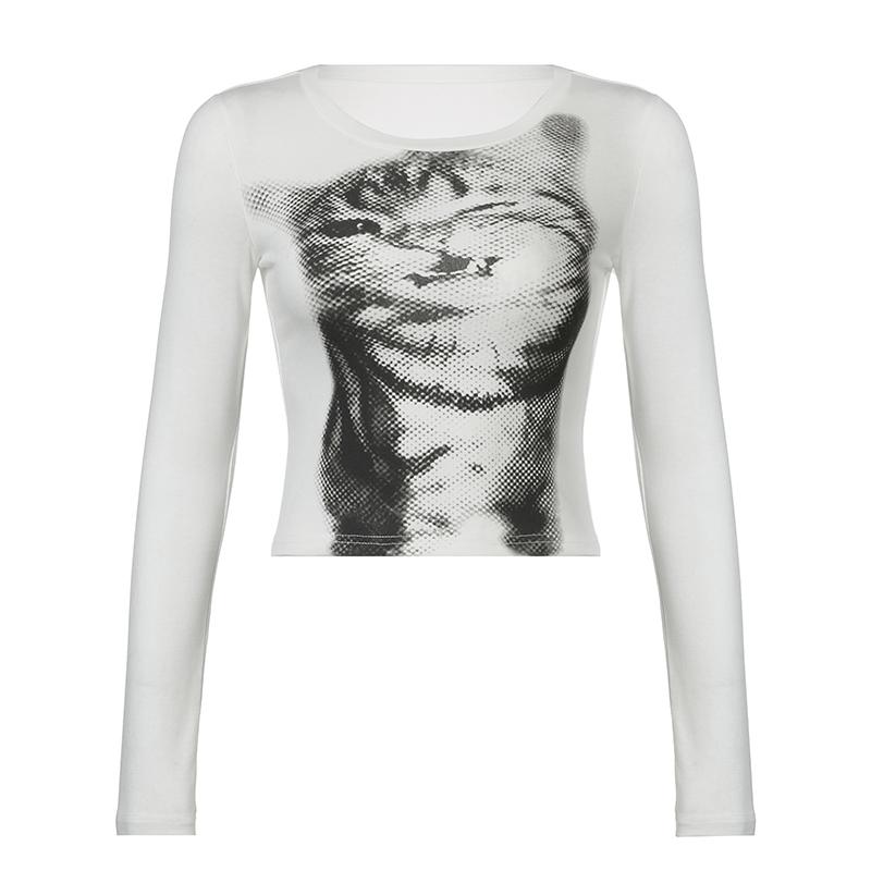Harajuku Mosaic Cat Print Oříznutý Top Ležérní Základní Trička s dlouhým rukávem Crew Neck Přiléhavá trička Y2K