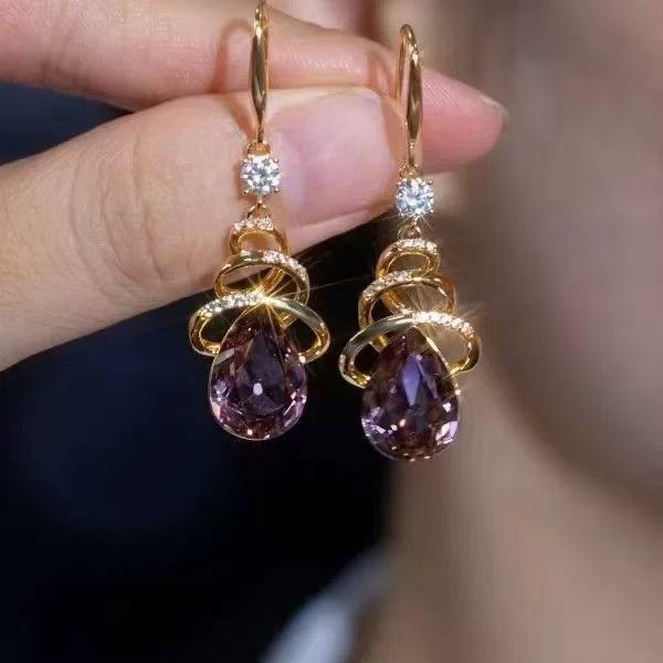 Elegant Purple Shiny Water Drop Earrings - Stylish High-End Ear Drops for Women
