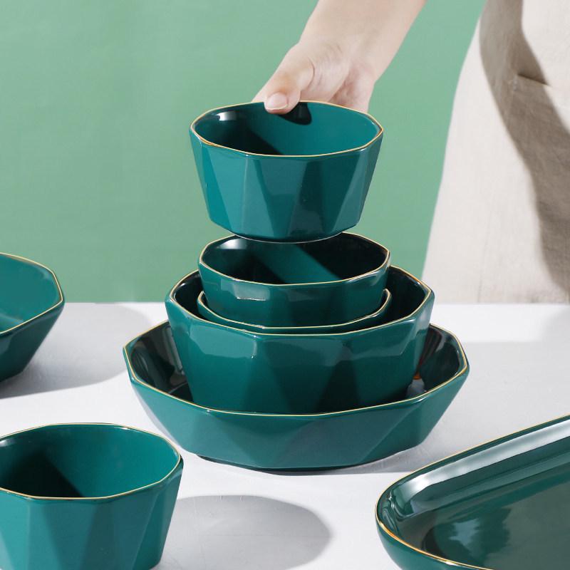 Luxury Peacock Green Tableware Set: Gold-Rimmed Bowl & Plate