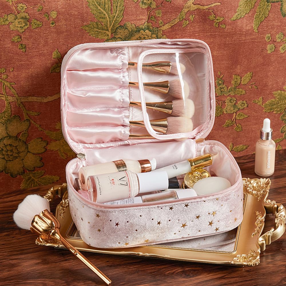 Tumecos Makeup Portable Velvet Clutch Starry Sky Cosmetic Large Stylish Makeup Pink 2 Pouch, Bag, Bag, Capacity, Bag,