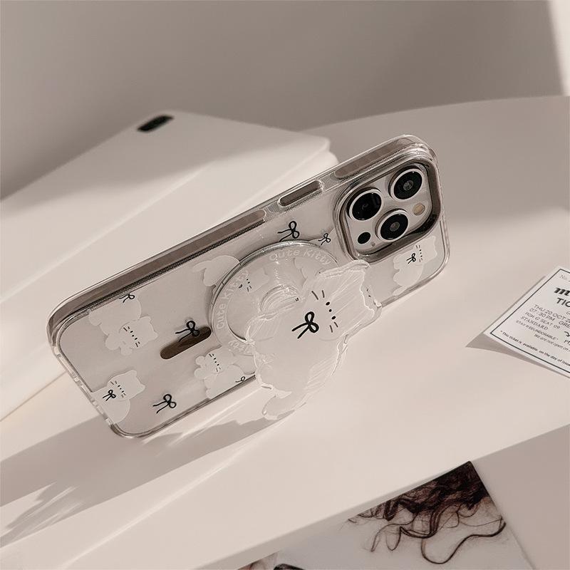 Cute Cartoon Cat Transparent Magnetic Holder Phone Case  For iPhone17 16 15 14 13 12 Pro Max Wireless Charging Back Cover